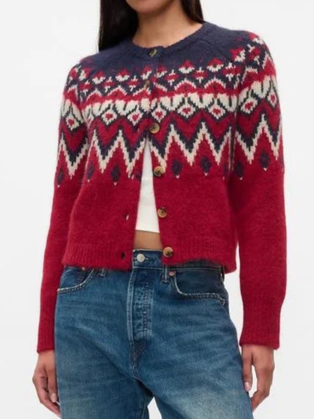 Gap Fair Isle Brushed Alpaca Wool Cardigan Sweater Medium Red Navy Blue $80